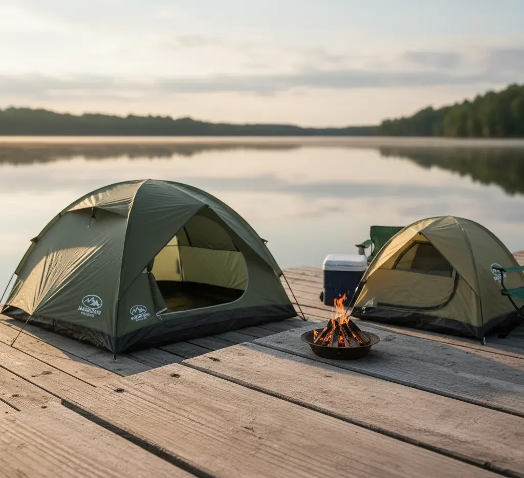 Gander Mountain camping tents set up in a scenic outdoor campsite, featuring durable all-weather shelters designed for camping, hiking, and wilderness adventures.