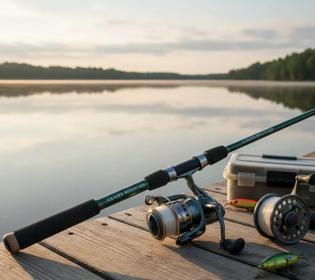 Close-up of fishing rods and reels arranged for outdoor angling, featuring premium fishing gear designed for freshwater and saltwater fishing adventures.