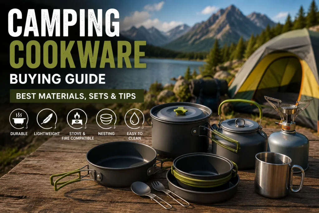 Camping cookware set with pots, pans, kettle, utensils and stove on a wooden table at a mountain lake campsite for outdoor cooking and camp meals.