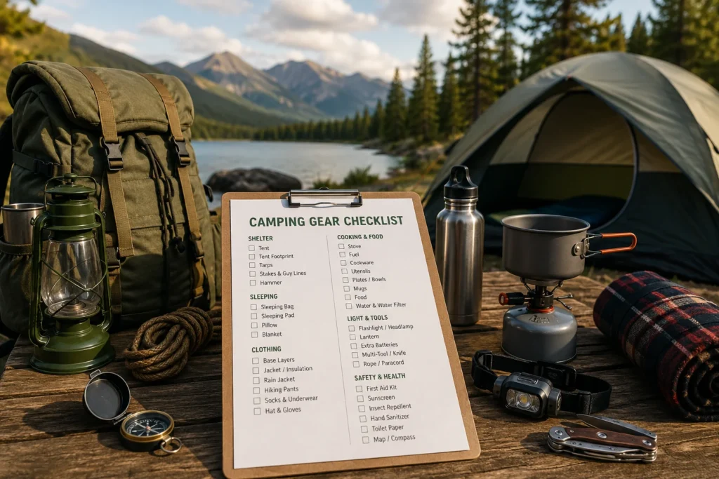 Camping gear checklist on a wooden table at a lakeside campsite with tent, backpack, lantern, water bottle, cooking pot, blanket and outdoor safety items.