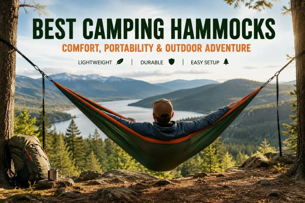 Best camping hammocks shown between two trees at a mountain lake campsite with backpack, travel mug, forest view and lightweight outdoor hammock setup.