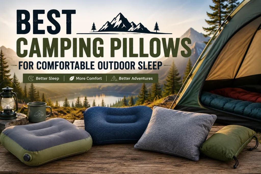Best camping pillows displayed at a mountain campsite with tent, lantern, travel mug and outdoor pillows for comfortable sleep during camping and backpacking trips.