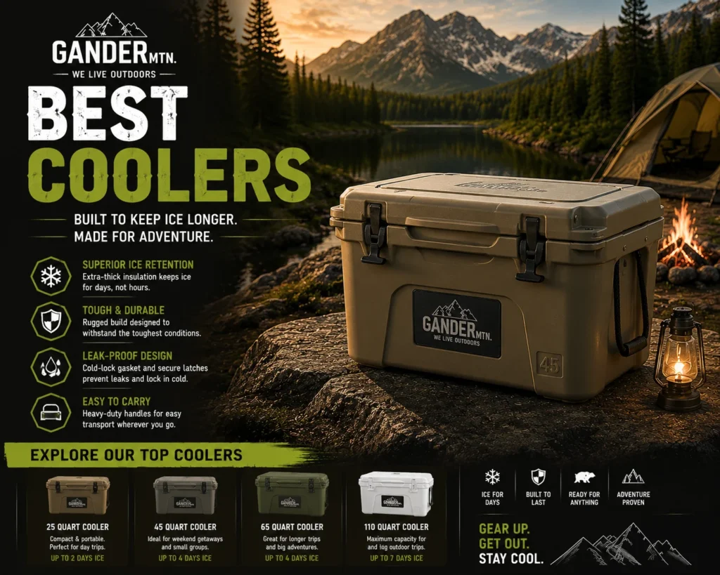 Gander Mountain style outdoor product advertisement featuring a premium heavy-duty cooler placed in a scenic mountain lakeside camping setup with warm sunset lighting, highlighting ice retention, durability, leak-proof design, and adventure-ready outdoor performance.