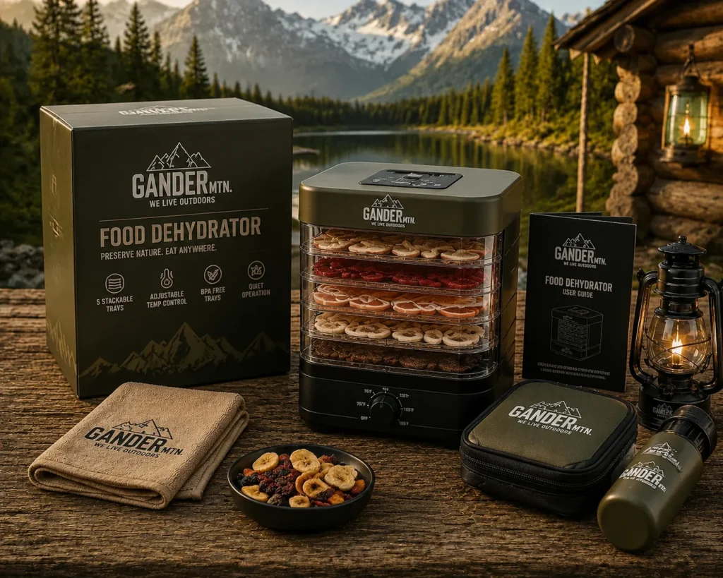 Premium outdoor food dehydrator displayed on a wooden table with dried fruits inside trays, surrounded by camping gear, a lantern, and branded outdoor accessories in a mountain lake cabin setting.