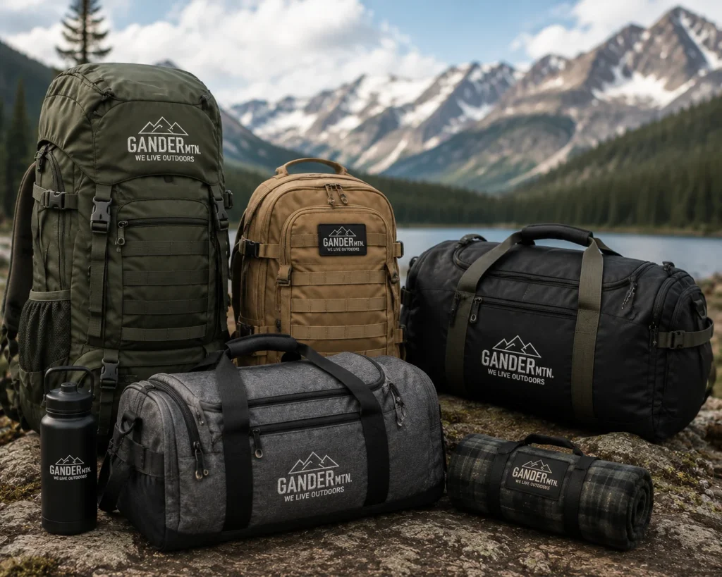 Outdoor backpacks and duffel bags arranged on rocky terrain near a mountain lake, designed for hiking, camping, travel, and outdoor adventure with durable storage and rugged weather-resistant build.