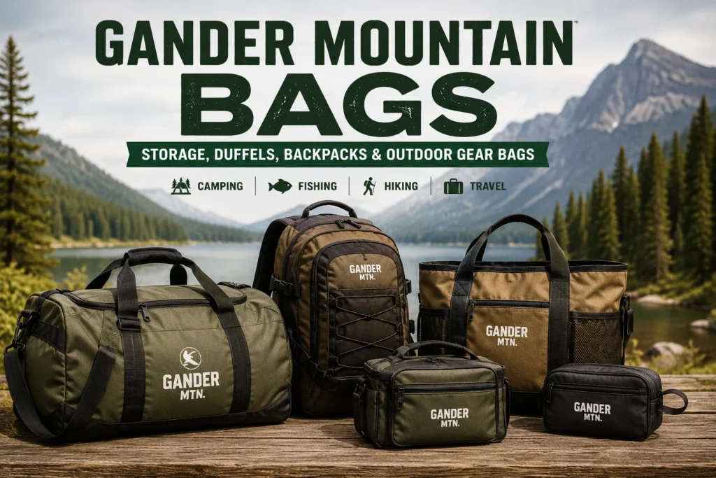 Gander Mountain bags displayed outdoors with duffel bags, backpacks, tote bags and small storage bags for camping, fishing, hiking, travel and gear organization.