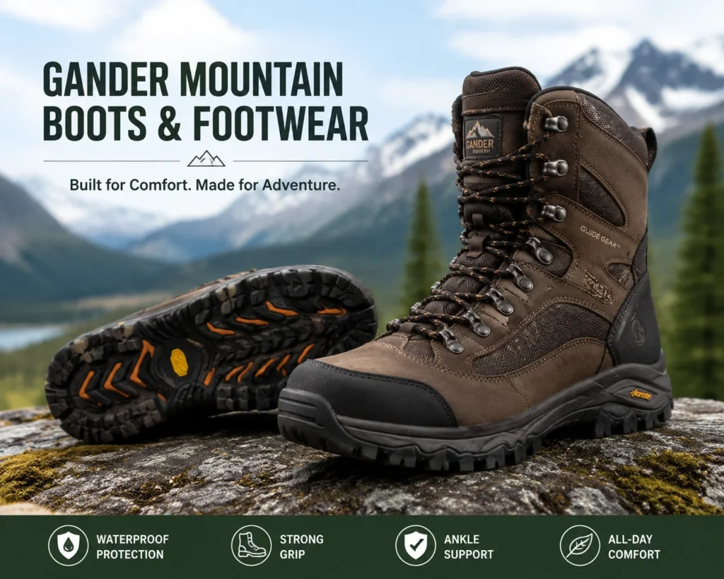 Rugged Gander Mountain style hiking boots placed on rocky terrain with mountain background, designed for outdoor comfort, strong grip, waterproof protection, and all-day support for hiking, camping, and adventure use.