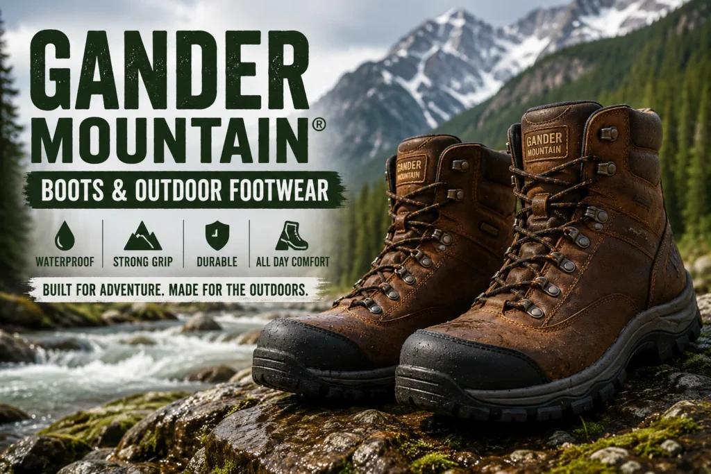Gander Mountain boots displayed on wet rocks near a mountain river with waterproof hiking footwear, strong grip soles, durable leather and outdoor comfort features.