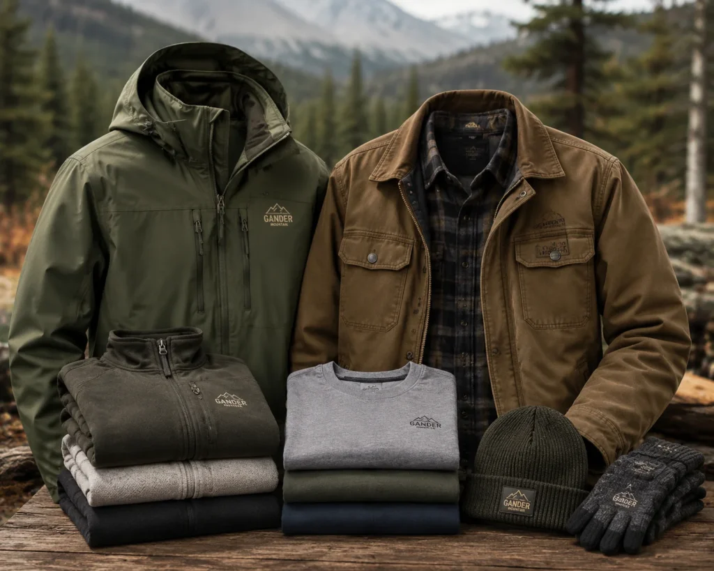 Outdoor clothing and apparel collection featuring rugged jackets, shirts, fleece layers, and winter wear designed for hiking, camping, fishing, and hunting in natural mountain environment.