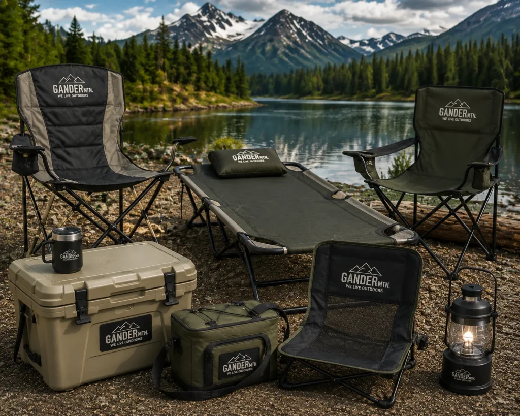 Outdoor camping setup featuring coolers, folding camping chairs, a camping cot, and lantern arranged beside a mountain lake, designed for outdoor comfort, camping trips, fishing spots, and travel adventures.