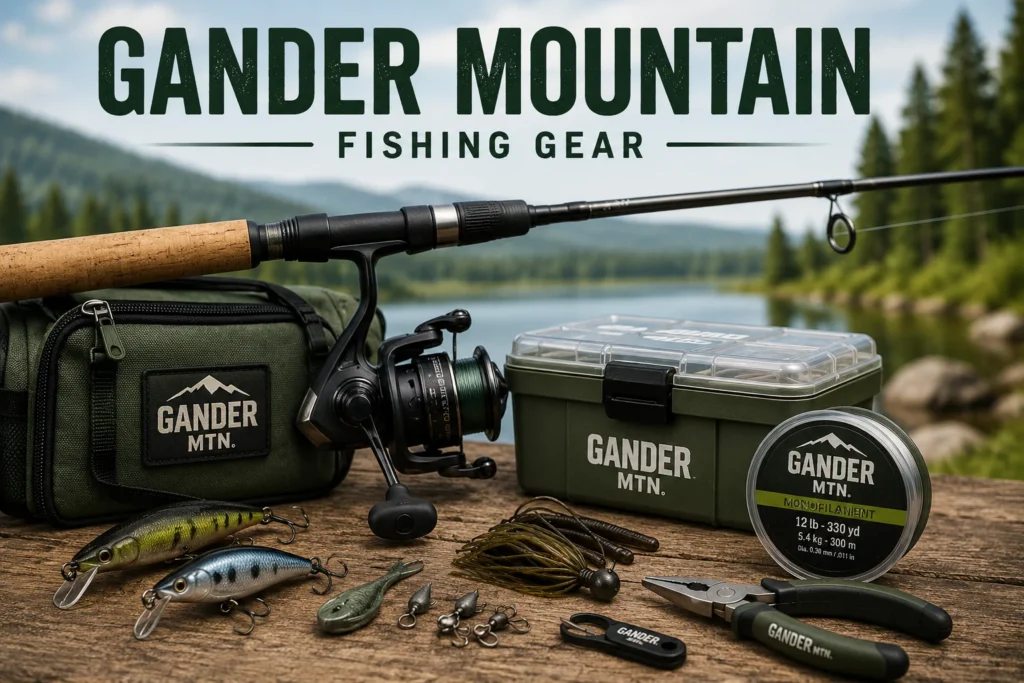 Gander Mountain fishing gear displayed by a lakeside with fishing rod, spinning reel, tackle box, fishing line, lures, pliers and outdoor accessories for freshwater trips.