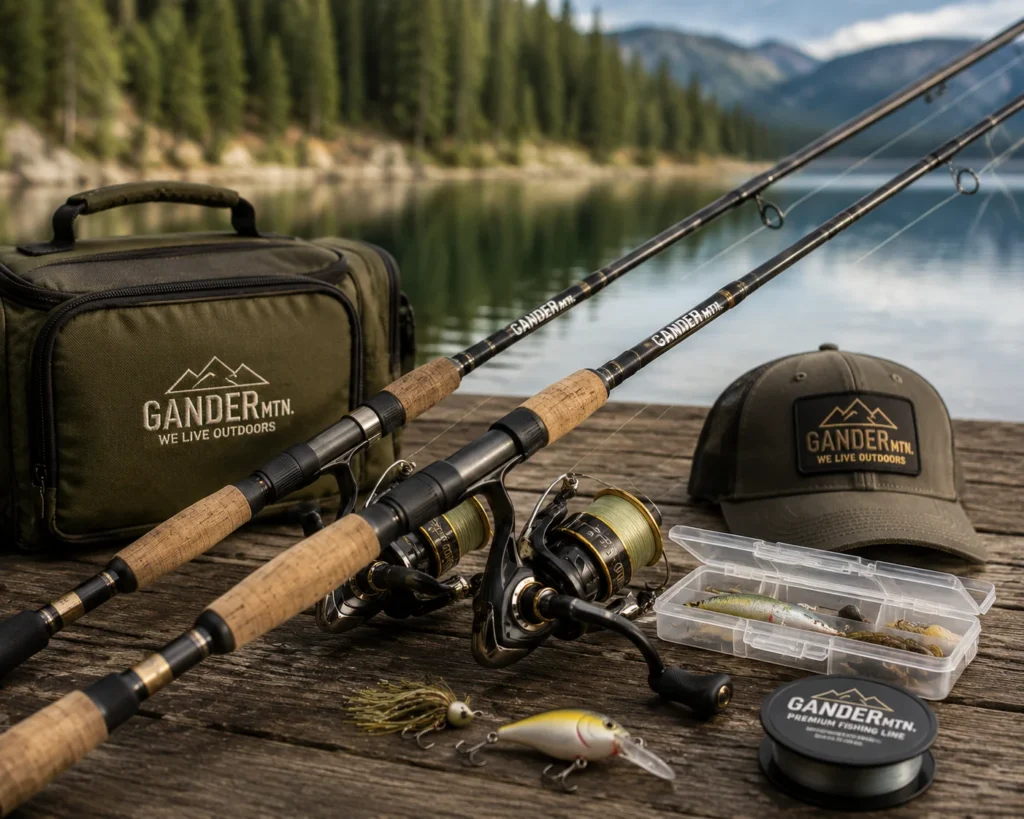 Outdoor fishing setup featuring premium fishing rods and reels placed on a wooden dock beside a calm lake, with tackle box and fishing accessories designed for lake, river, and adventure fishing experiences.