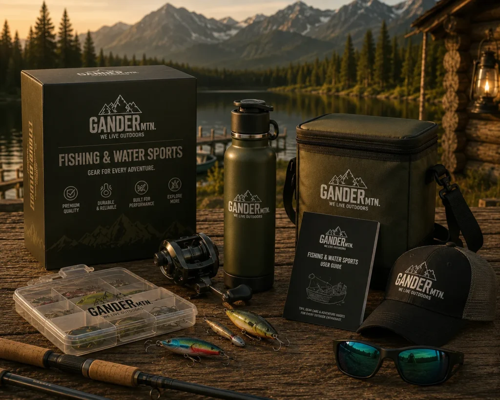 Gander Mountain fishing and water sports gear collection featuring a tackle box, fishing reel, insulated bottle, cooler bag, sunglasses, and outdoor accessories displayed on a rustic dock beside a mountain lake at sunset.