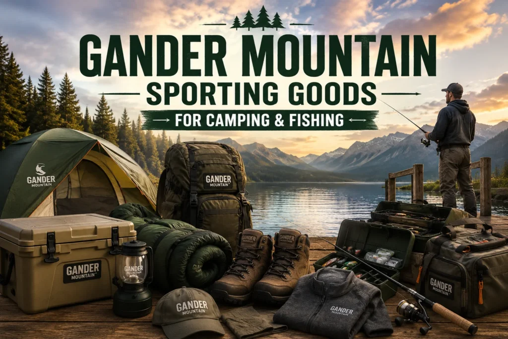Gander Mountain sporting goods displayed by a mountain lake with camping tent, cooler, backpack, boots, fishing rod, tackle box, clothing and outdoor travel gear.