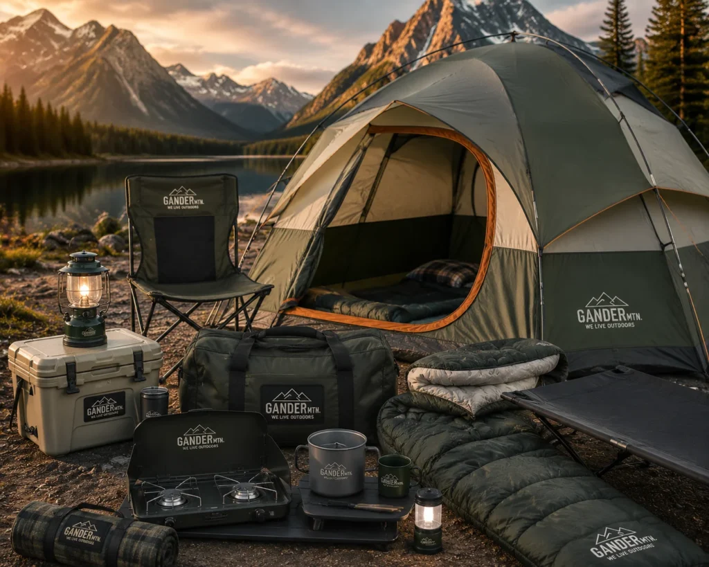 Outdoor camping scene featuring a dome tent setup with camping chairs, lanterns, sleeping gear, cooler, and cooking equipment arranged near a mountain lake, designed for outdoor adventure, travel, and survival camping experience.