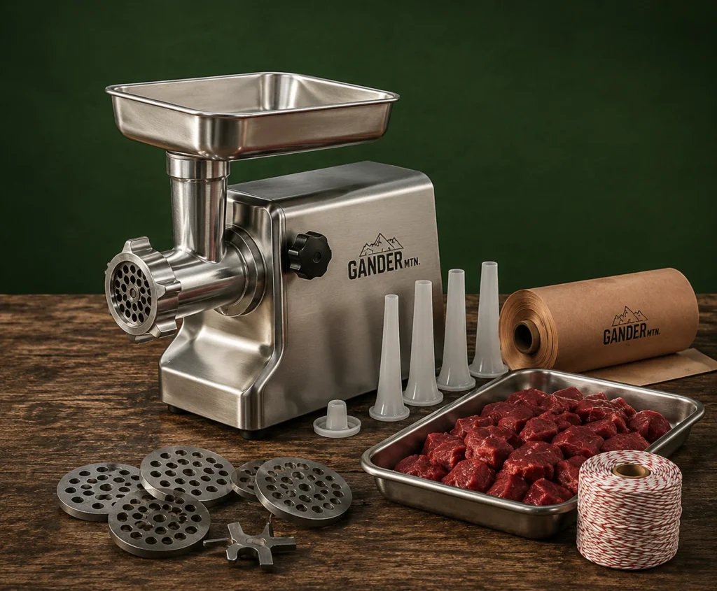 Stainless steel meat grinder and processing gear arranged on a wooden table with raw meat, grinding plates, stuffing tubes, butcher twine, and coolers in a mountain outdoor setting, representing wild game meat preparation equipment.