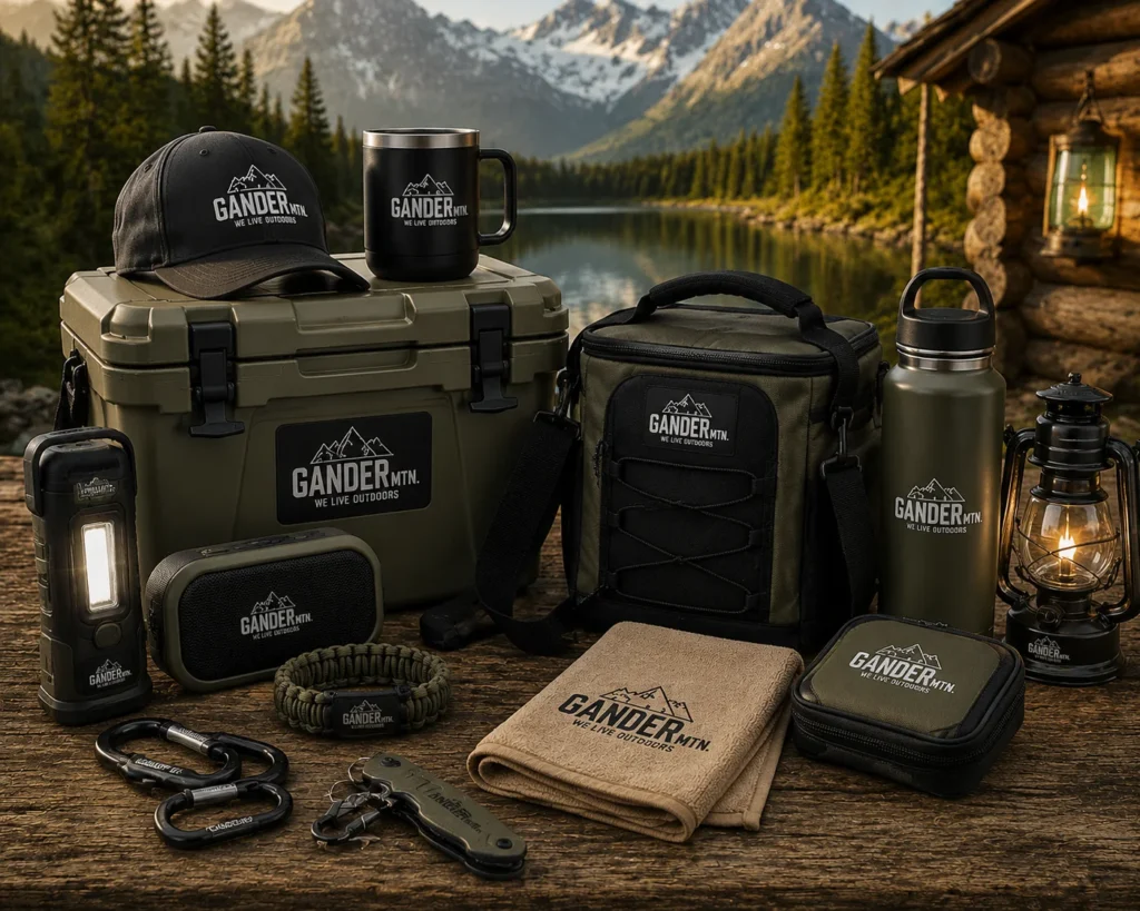 Outdoor camping accessories displayed on a rustic table including cooler boxes, mugs, caps, lantern, backpacks, and survival gear branded for outdoor adventure, set against a scenic mountain lake and forest background